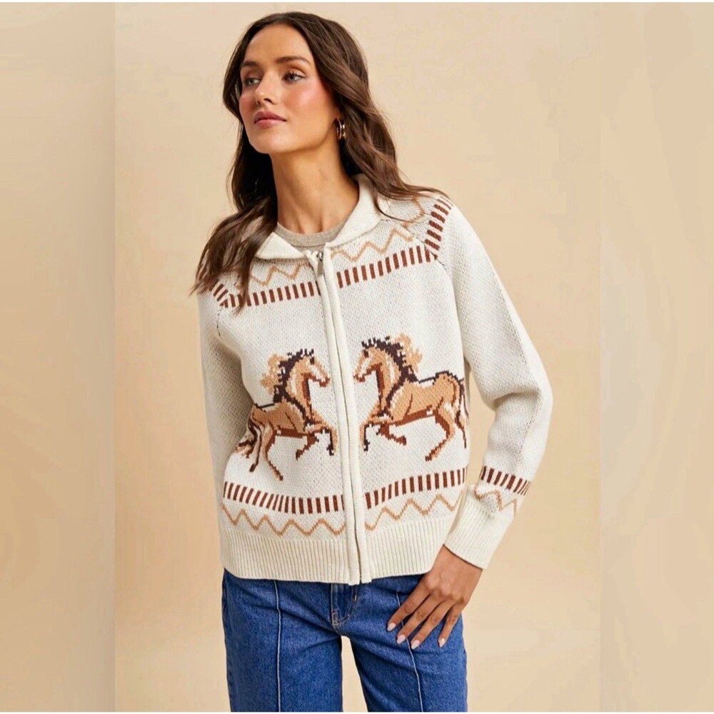In Loom Womens Full Zip Western Horse Jacquard Knit Cardigan Ivory Brown Sz L